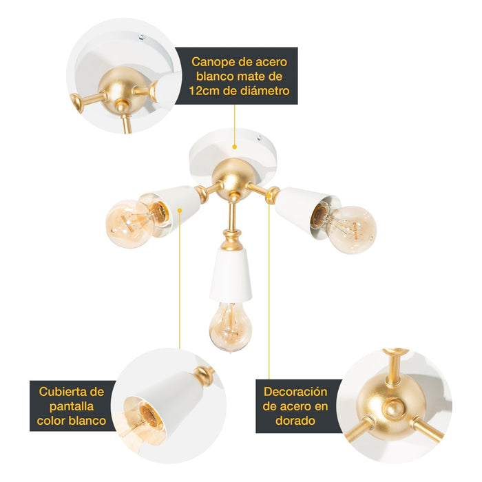 Lámpara de Techo Vintage Blanco Mate Oro 40W E27 3 Luces