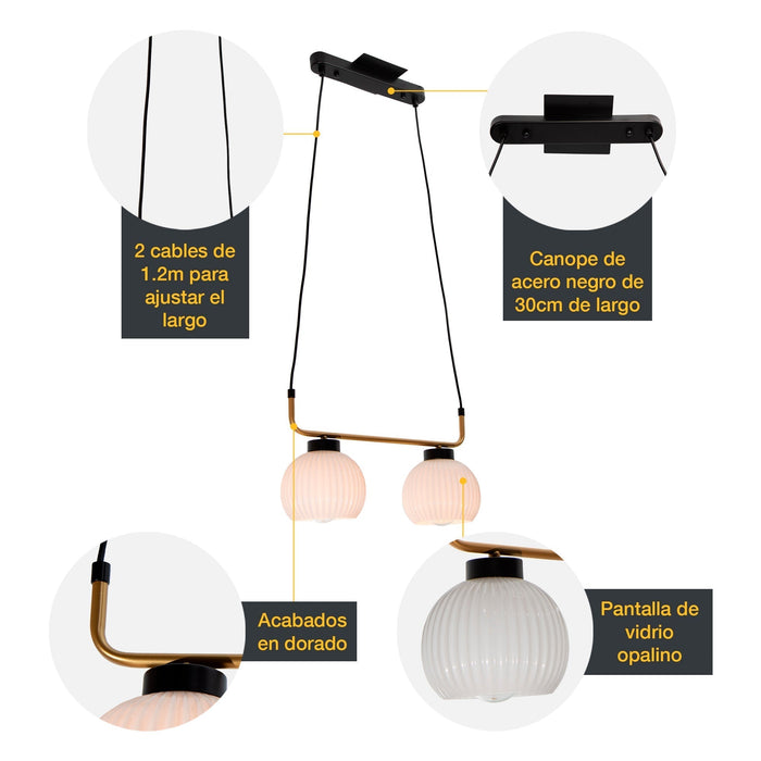 Lámpara Colgante Moderno Negro y Dorado 40w E27 2 Luces