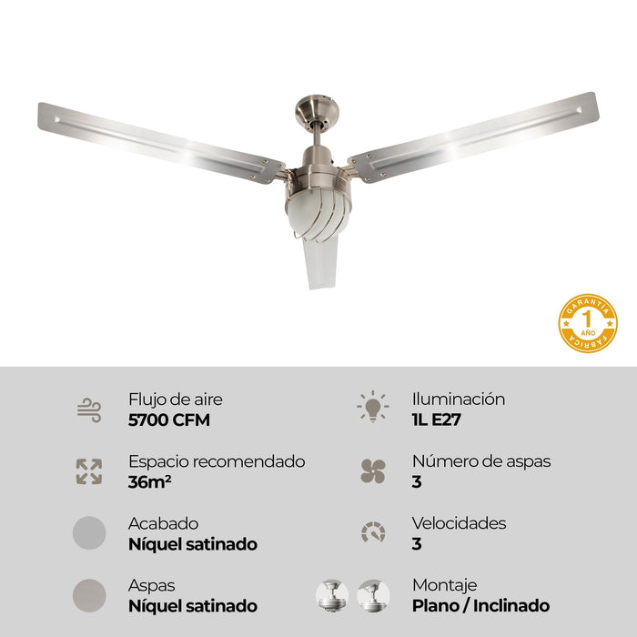 Ventilador de techo industrial plata 54", control de pared, 1 Luz