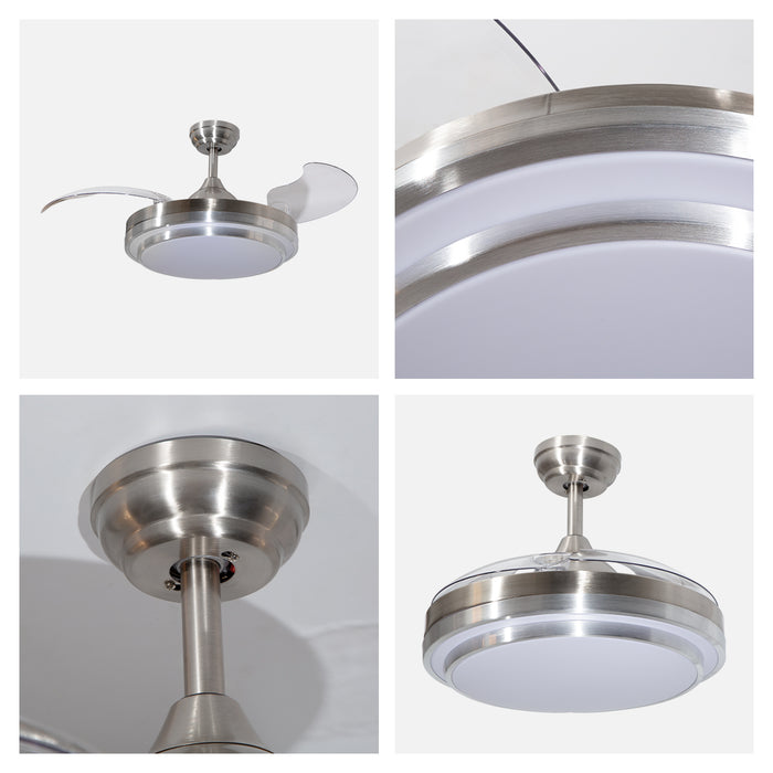 Ventilador de techo retráctil 42”, LED 3000K/4000K/6500K, acabado níquel satinado, 6 velocidades, control remoto