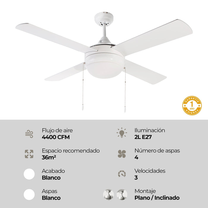 Ventilador De Techo 48" 4 Aspas 2L E27 Con Control De Cadena.