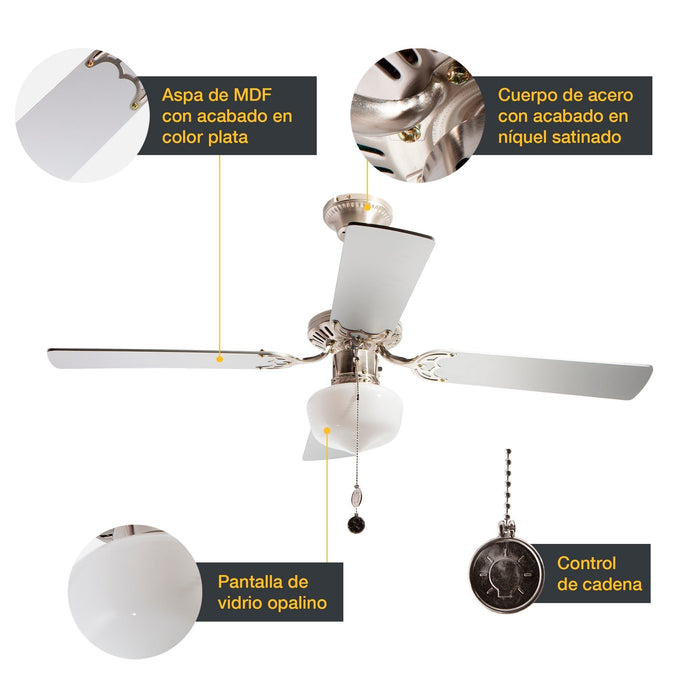Ventilador de techo 42" níquel satinado 1 Luz E27 40w