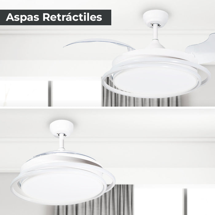 Ventilador De Techo Retráctil 42" estilo spring, Luz LED, Blanco Mate, 6 Velocidades