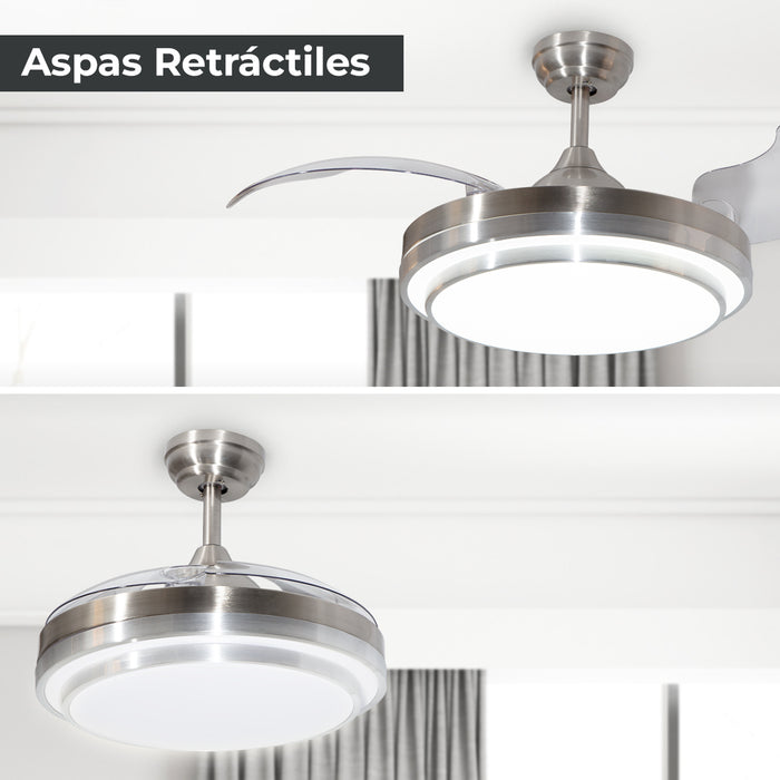 Ventilador de techo retráctil 42”, LED 3000K/4000K/6500K, acabado níquel satinado, 6 velocidades, control remoto