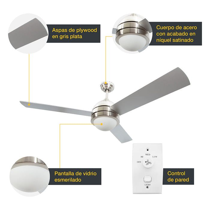 Ventilador de techo 52" Lumicentro Níquel Satinado 1 Luz E27