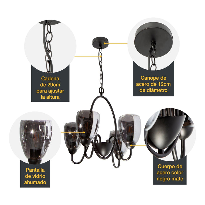 Lámpara Colgante  Negro Vidrio Ahumado 60W E26 4 Luces