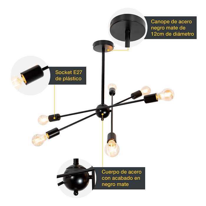 Lámpara de Techo Bronce 6 Luces  E27 60w mod negro
