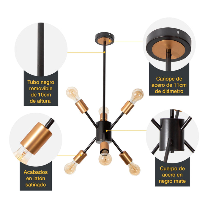 Lámpara Colgante Negro y Bronce 6 Luces  E27 40w