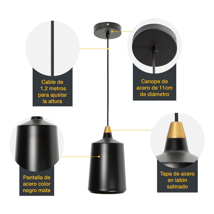 Lámpara Colgante  Negro Mate Bronce  E27 40W 1 Luz