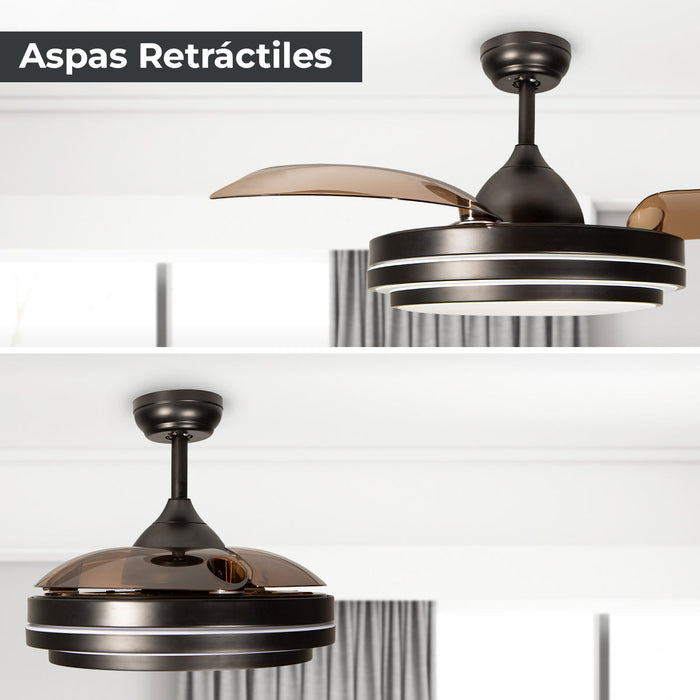 Ventilador De Techo Retráctil 42", Luz LED, Negro Mate, 3 Aspas, 6 Velocidades