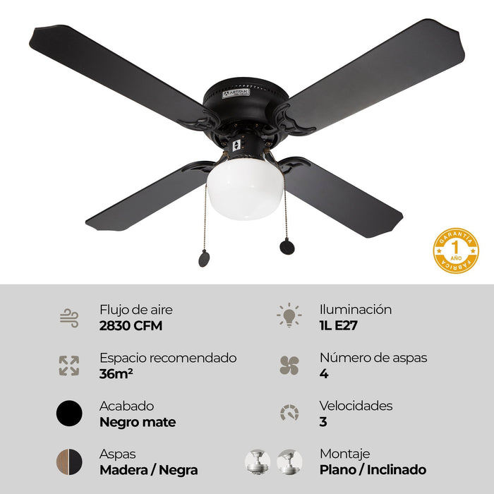 Ventilador Techo 42" , aspas reversibles, negro y marrón, 3 Velocidades.