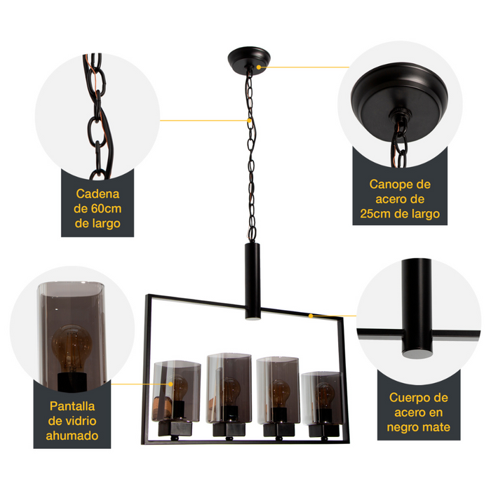 Lámpara Colgante Color Negro Mate 60 W de 4 Luces