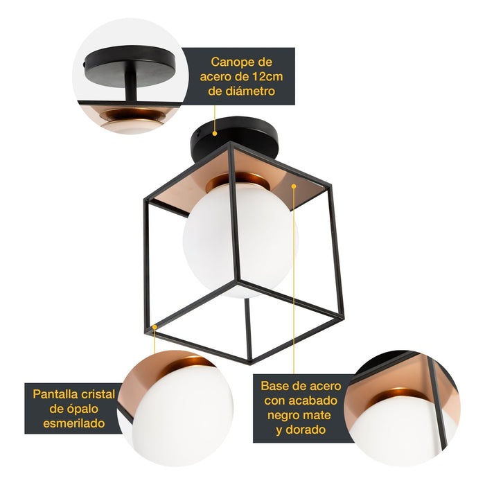 Lámpara de Techo Moderna Cubo Negro Mate Oro 40W E27 1 Luz