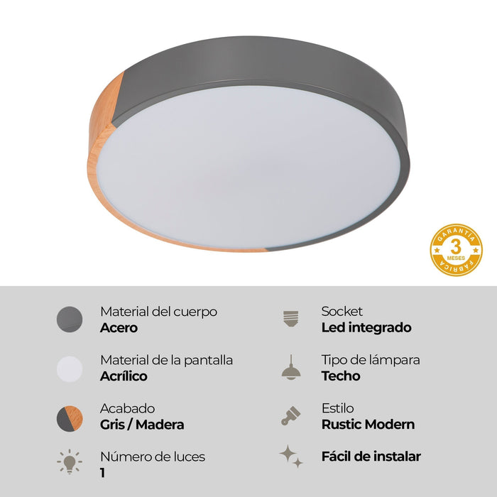 Lámpara de Techo  Empotrable LED 18W Madera Rústica Clara
