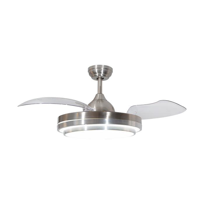 Ventilador de techo retráctil 42”, LED 3000K/4000K/6500K, acabado níquel satinado, 6 velocidades, control remoto