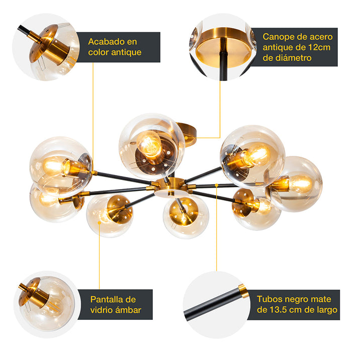 Lámpara de Techo Opulent Niquel Satinado E27 40w 8 Luces