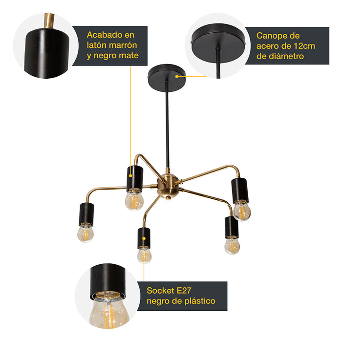 Lámpara Colgante Araña Negro Latón G100 E27 40w 5 Luces