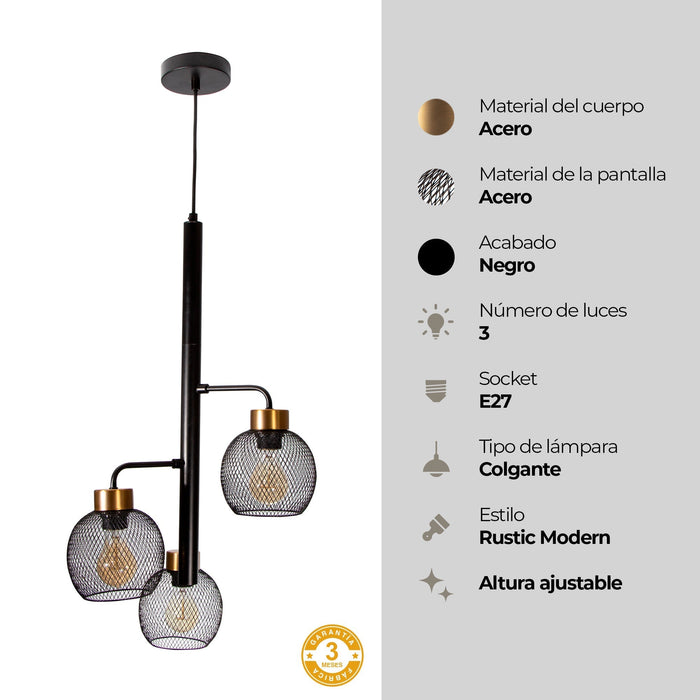Lámpara Colgante Moderna Negro E27 40w 3 Luces