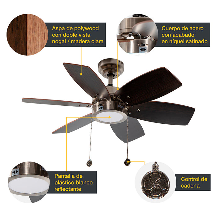 Ventilador LED De Techo 32" Niquel Satinado 12W