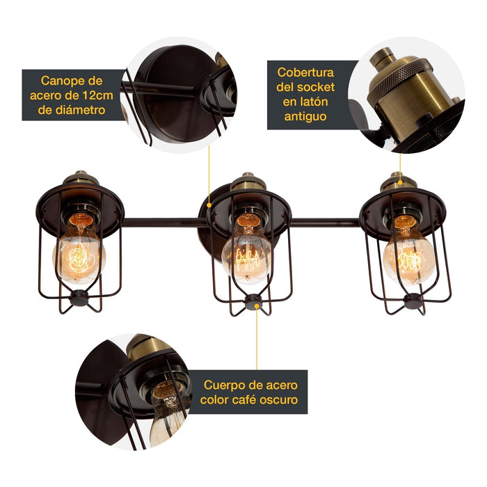 Lámpara de Pared Negro Oscuro Vanity de Baño 40w T45 3 Luces