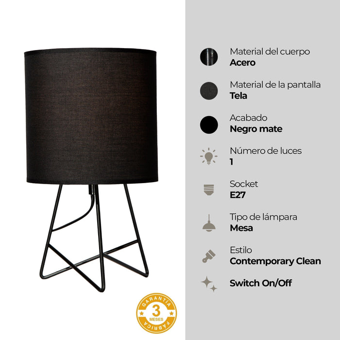 Lámpara de Mesa Moderno Negro 60w E27 1 Luz base de acero