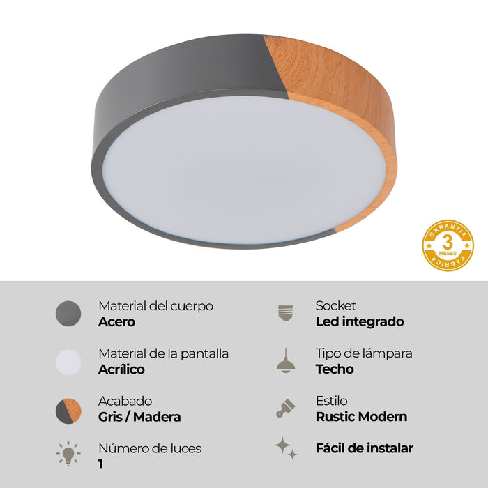 Lámpara de Techo  Empotrable LED 12W Madera Rústica Clara