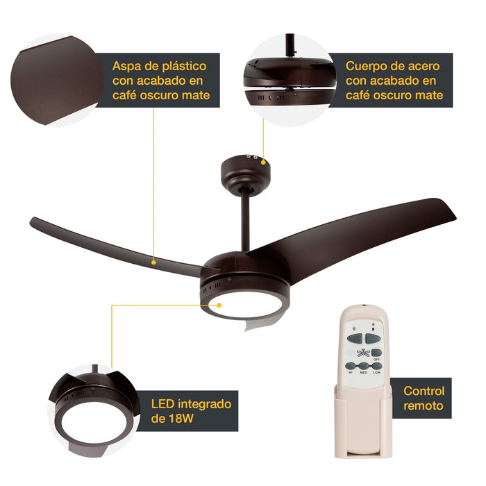 Ventilador LED De Techo 42" Chocolate 18W Con Control Remoto