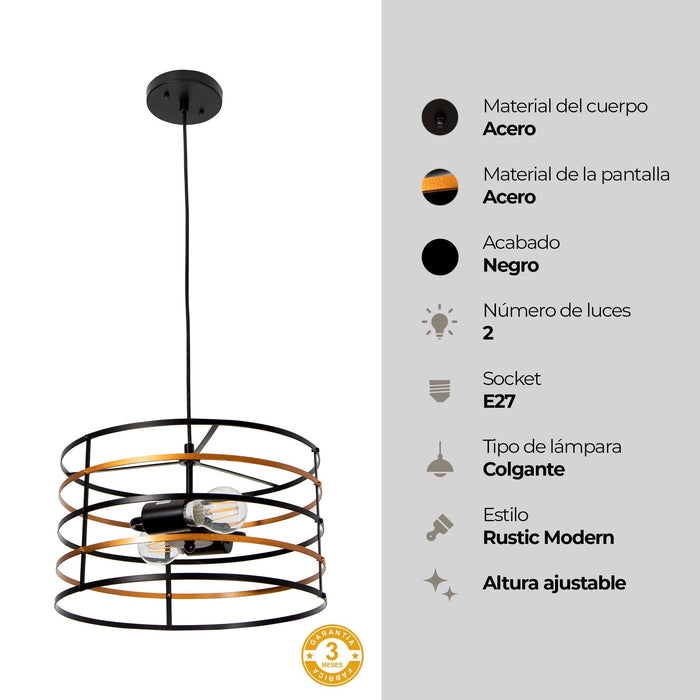 Lámpara Colgante  Negro y Oro Rosa  E27 40W 2 Luces