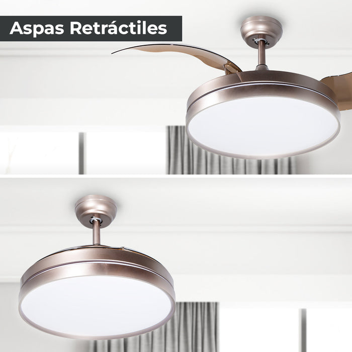 Ventilador De Techo Retráctil 42", Luz LED, Marrón, 3 Aspas, 6 Velocidades