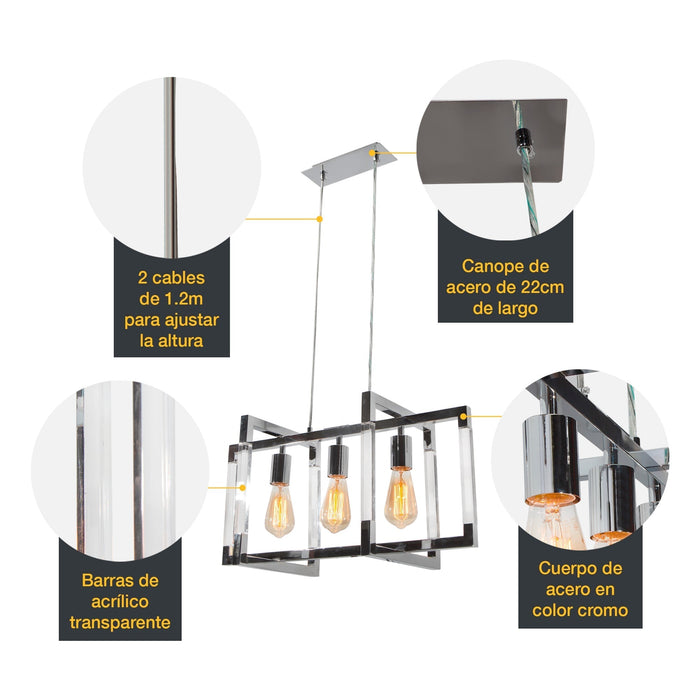 Lámpara Colgante Isla Cocina Rectangular Cromo 40W 3 Luces