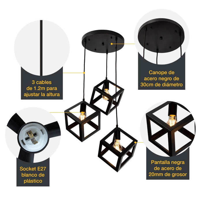 Lámpara Colgante Moderno Negro 40w E27 3 Luces