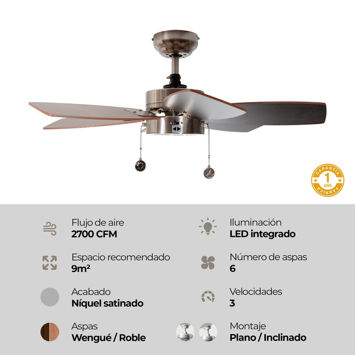 Ventilador LED De Techo 32" Niquel Satinado 12W