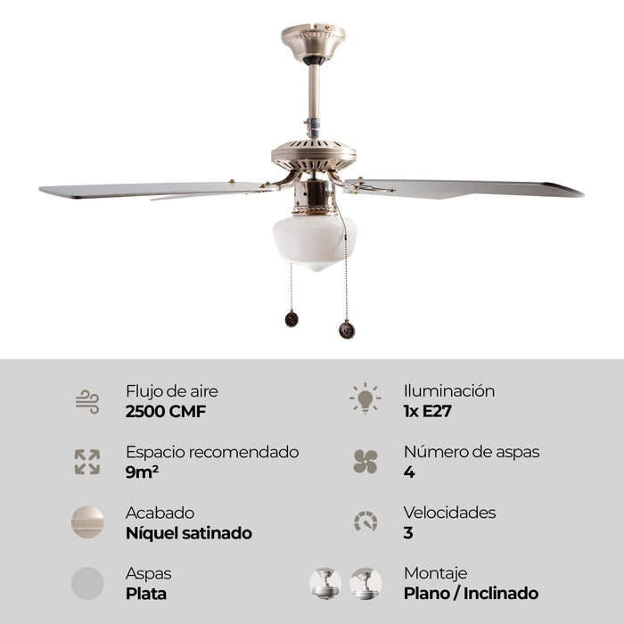 Ventilador de techo 42" níquel satinado 1 Luz E27 40w