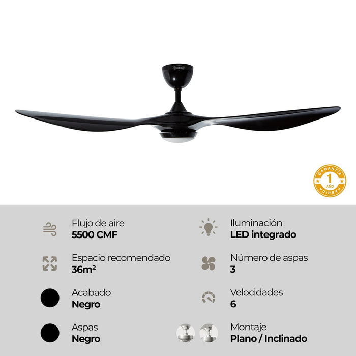 Ventilador de techo con luz LED, 52" acabado negro, con control remote, 3 aspas