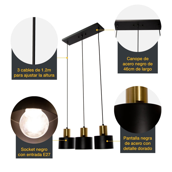 Lámpara Colgante Moderno Negro y Dorado 60w E27 3 Luces
