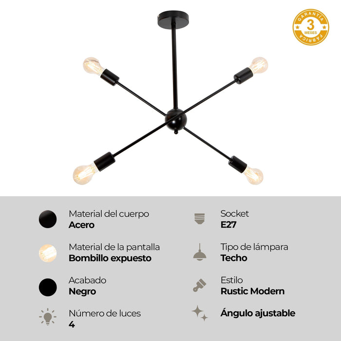 Lámpara Colgante Moderno Negro 60w E27 4 Luces