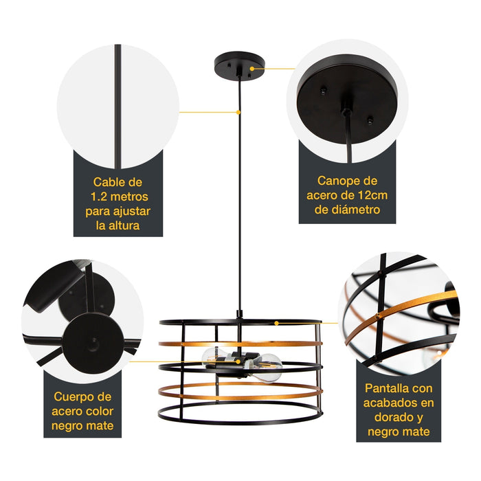 Lámpara Colgante  Negro y Oro Rosa  E27 40W 2 Luces