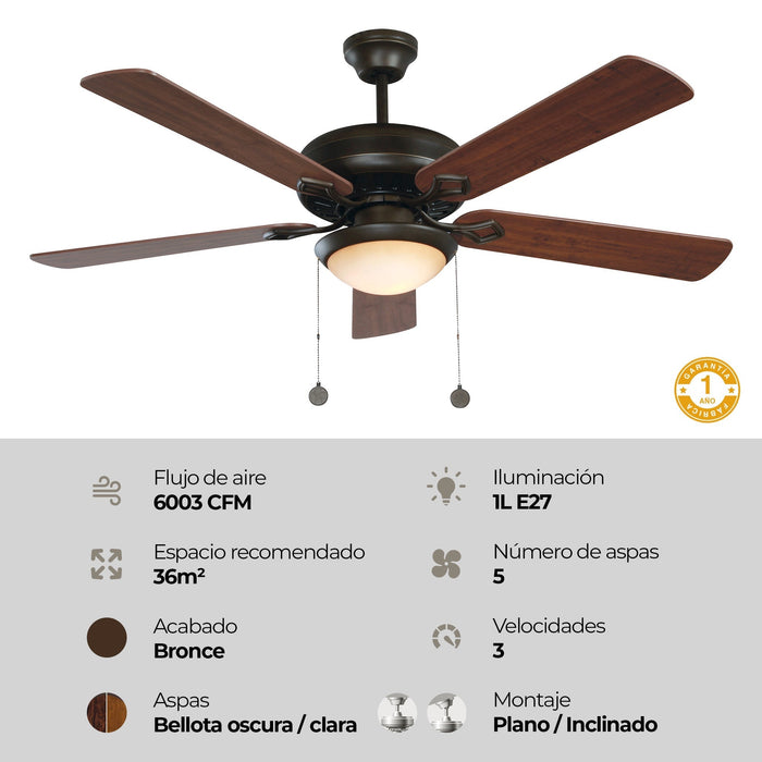 Ventilador Techo 52" Bronce 5 Aspas Reversibes 60W 3 Velocidades
