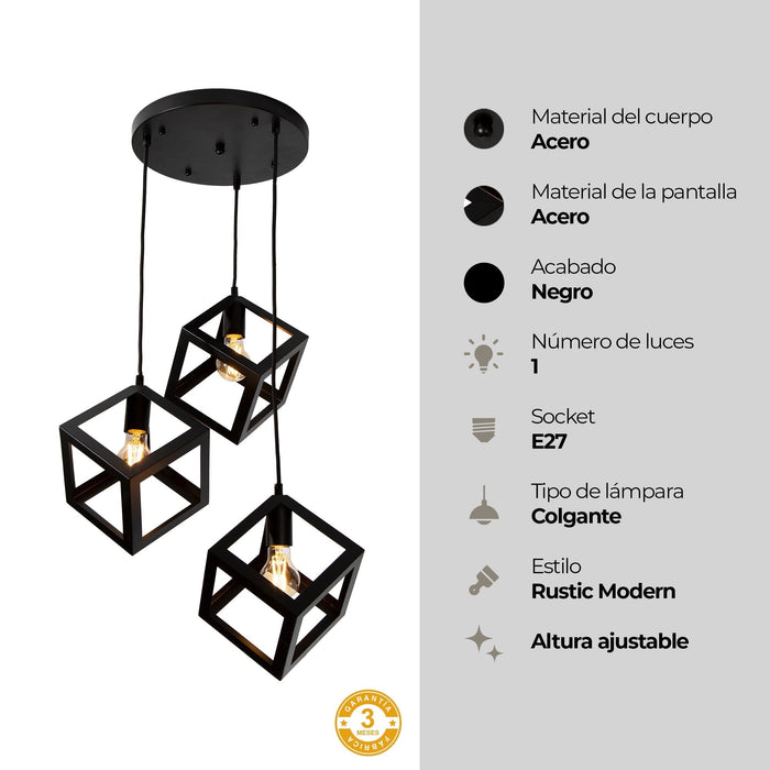 Lámpara Colgante Moderno Negro 40w E27 3 Luces