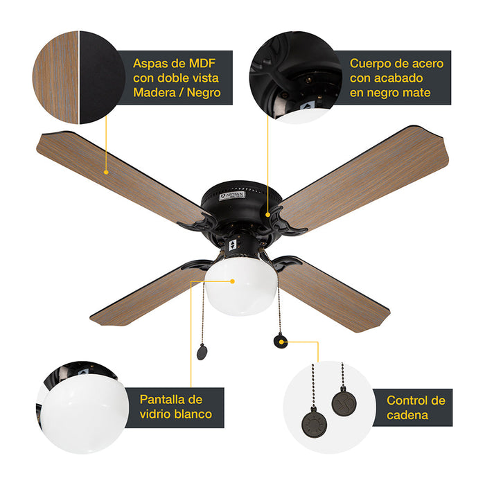 Ventilador Techo 42" , aspas reversibles, negro y marrón, 3 Velocidades.