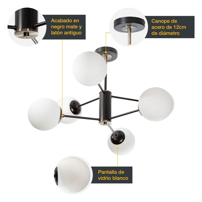 Lámpara Techo Negro Mate E27 40W 6 Luces