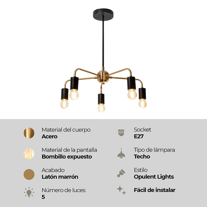 Lámpara Colgante Araña Negro Latón G100 E27 40w 5 Luces
