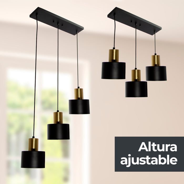 Lámpara Colgante Moderno Negro y Dorado 60w E27 3 Luces