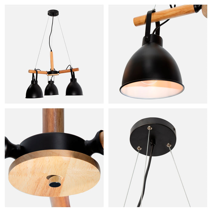 Lámpara Colgante Rustic Modern Negro Madera E27 60W 3 Luces