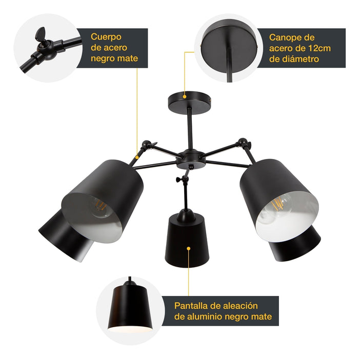 Lámpara de Techo Negro Mate Dark Decor E27 40W 5 Luces