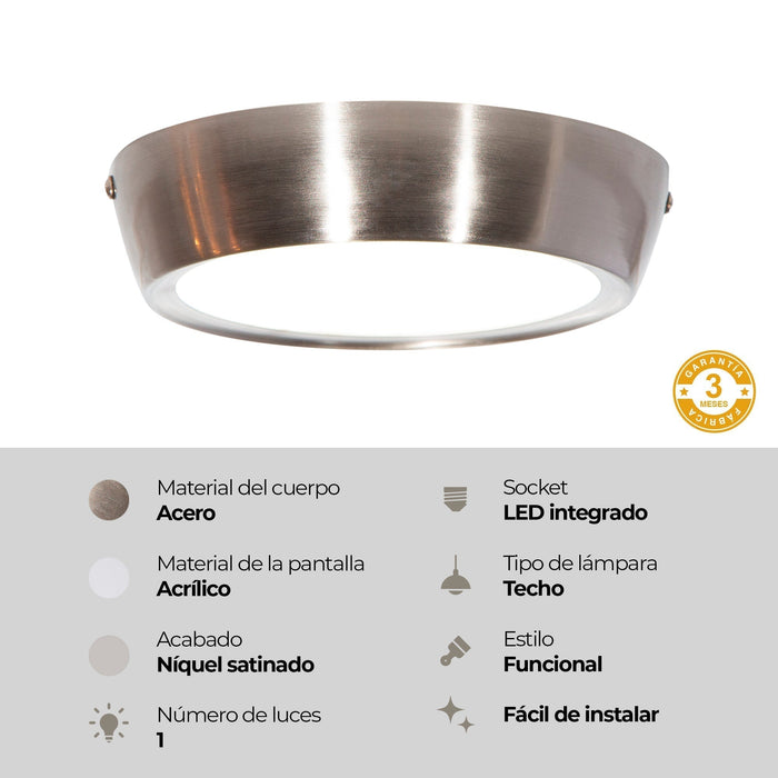 Lámpara de Techo Moderna Plafon Níquel Satinado LED Integrado 12W 6000K Luz Blanca