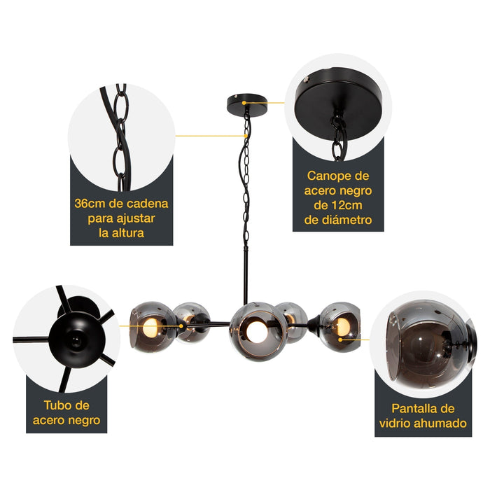 Lámpara Colgante Araña Negro Vidrio Ahumado 40w E27 5 Luces