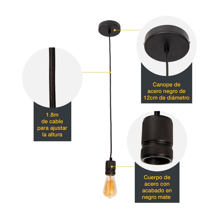 Lámpara Colgante Mini Retro Negro Mate E27 60W 1 Luz