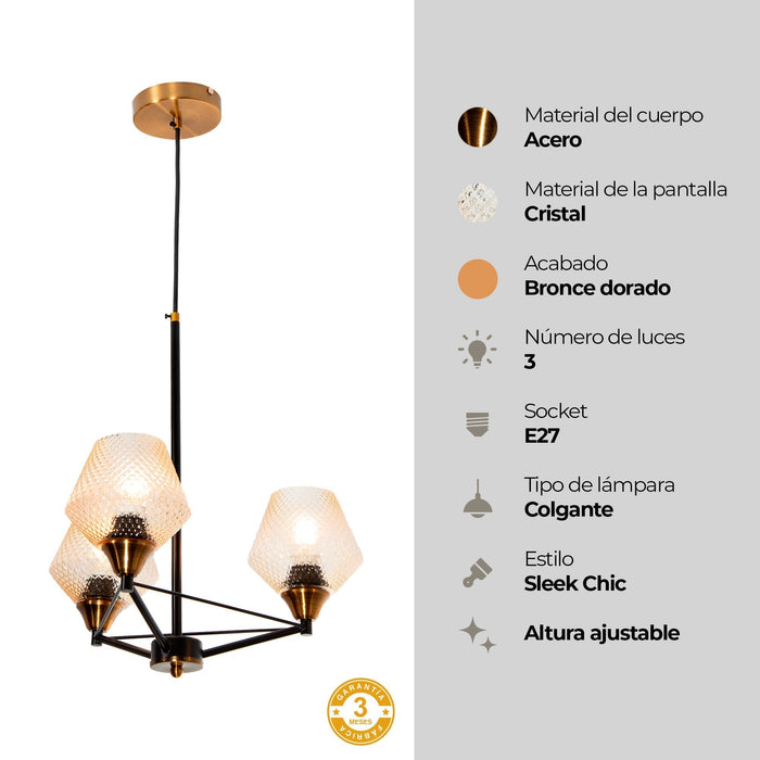 Lámpara Colgante Bronce Dorado 60w E27 3 Luces