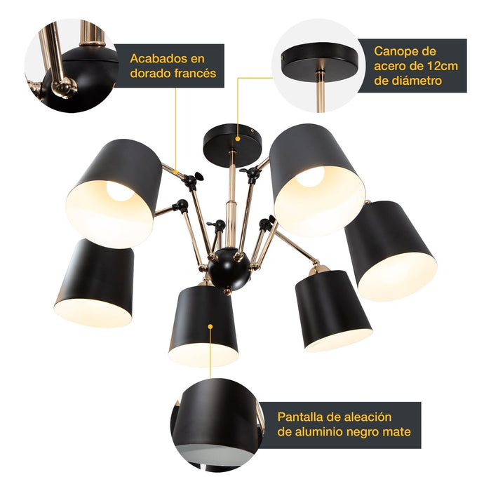 Lámpara de Techo Negro Oro Blanco Dark Decor E27 40W 6 Luces